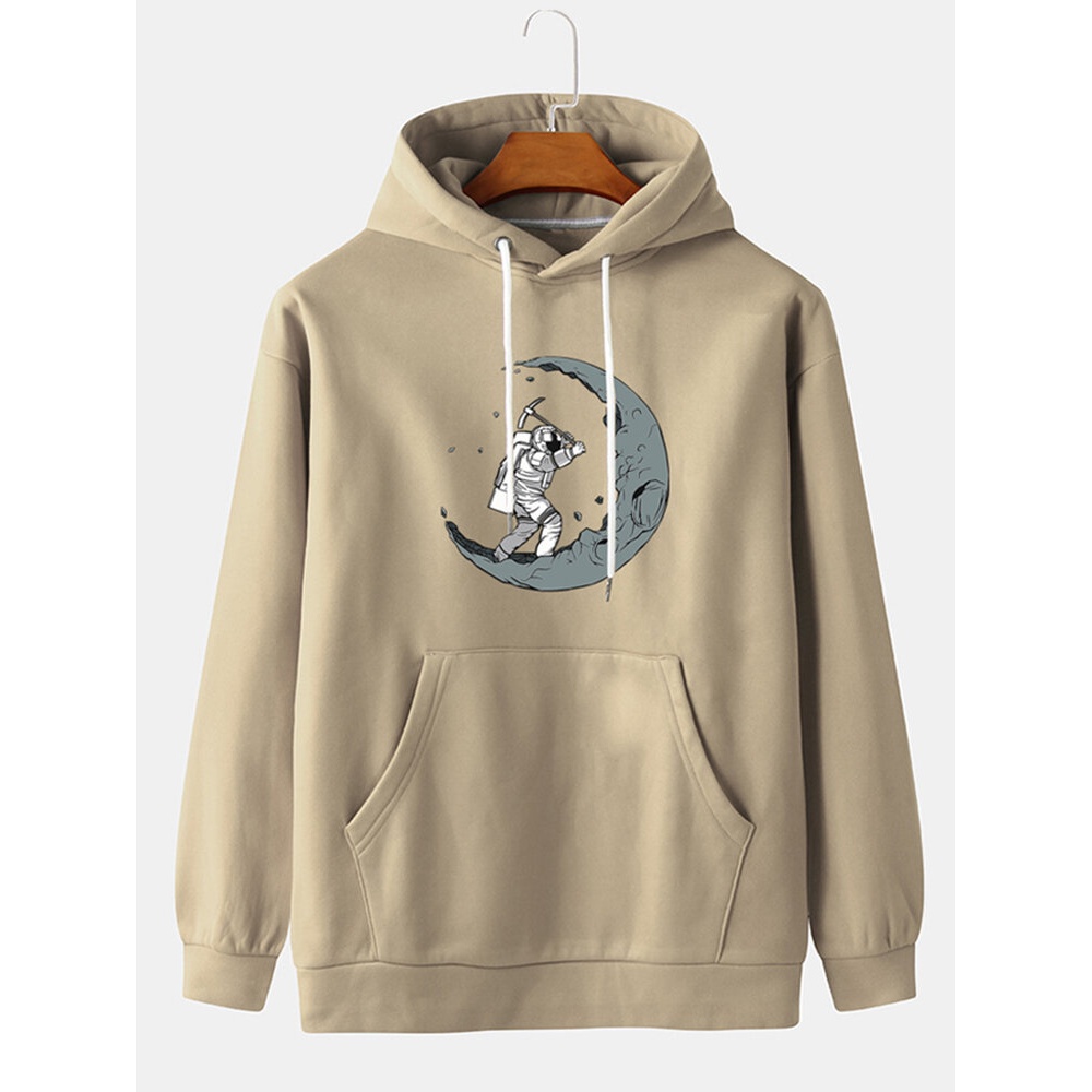 Mens Funny Astronaut Print Drop Shoulder Drawstring Hoodies - Khaki S