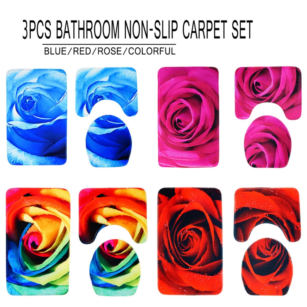 3pcs 3D Rose Bathroom Floor Mat Set Anti Slip Rug, Shower Bath Mat ,Toilet Lid Cover - 2 - Image 2