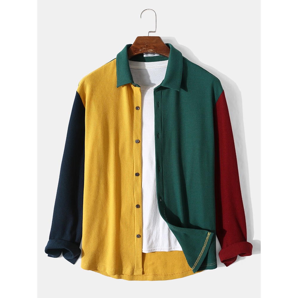 Men Corduroy Contrast Colorblock Casual Buttons Long Sleeve Shirts - Yellow S