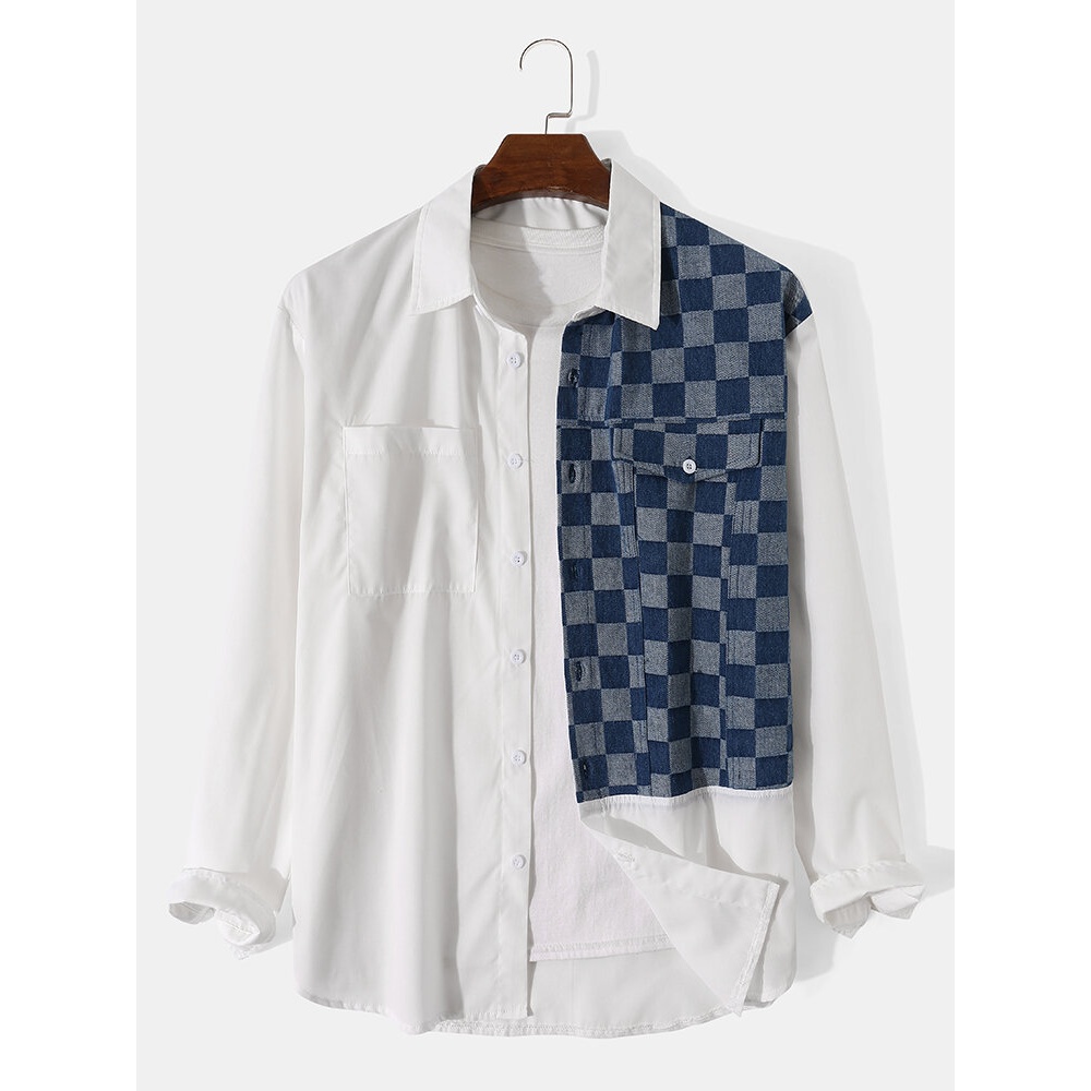 Men Denim Patchwork Button up Chest Pocket Casual Shirts - Beige S