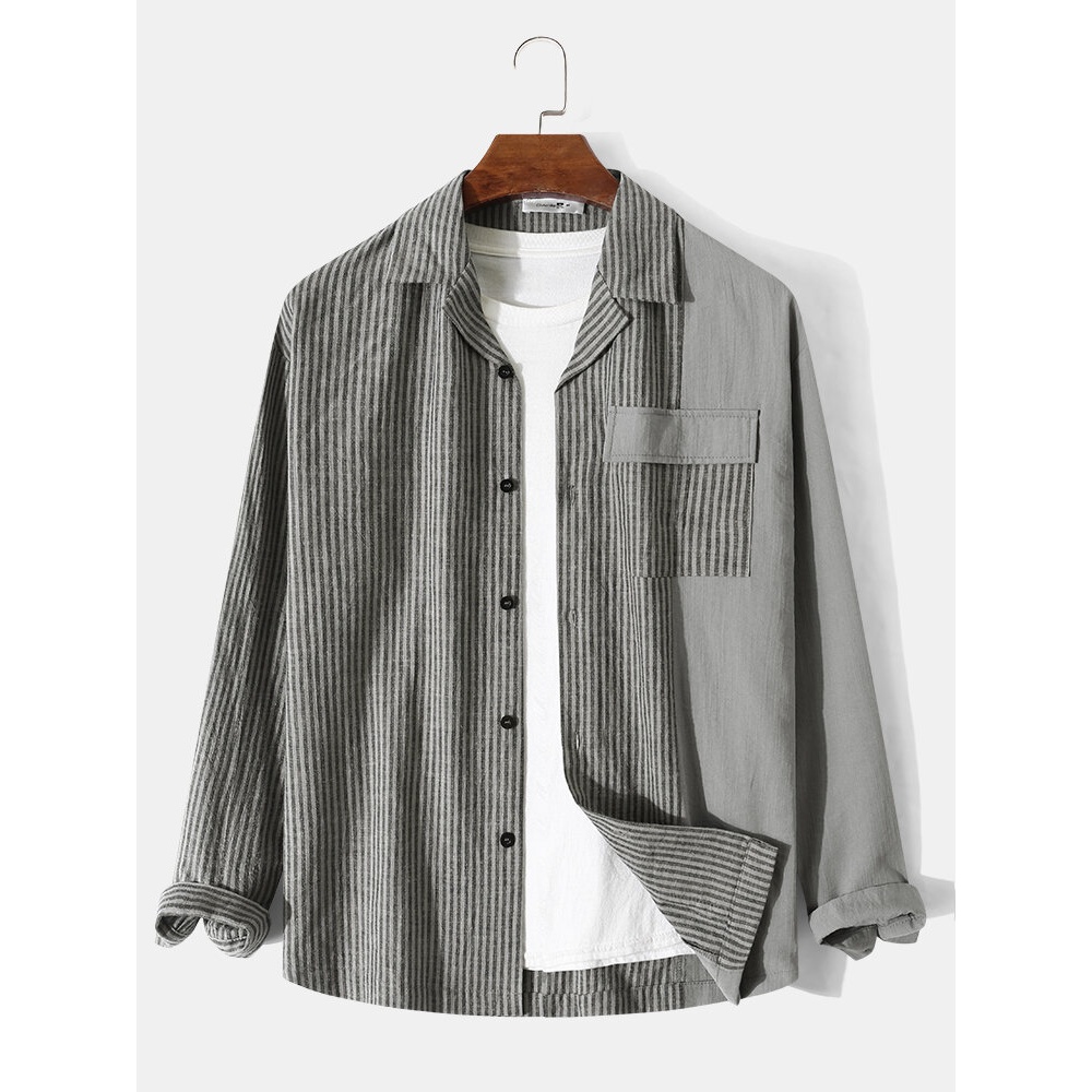 Men 100% Cotton Striped Patchwork Flap Pocket Long Sleeve Shirts - Grey S