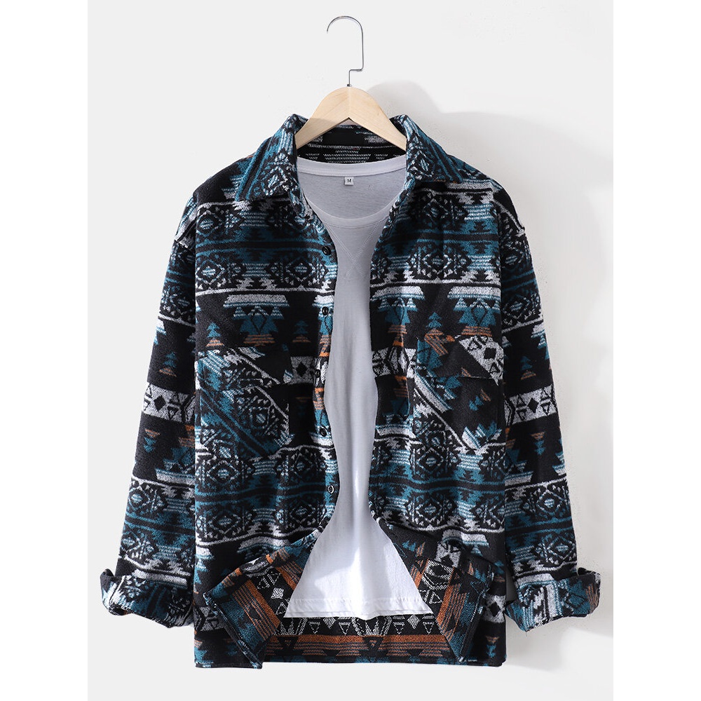 Mens Ethnic Style Print Button Up Lapel Long Sleeve Shirts - Orange XL