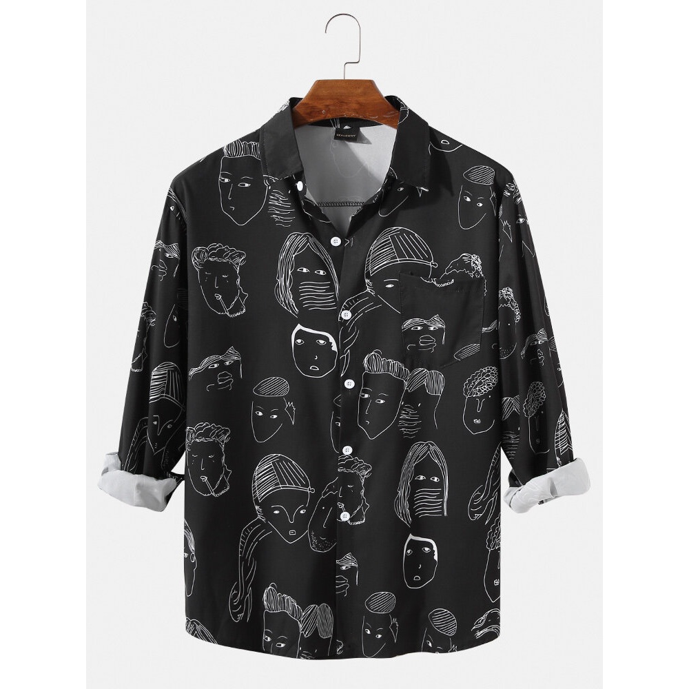Mens Simple Graffiti Figure Print Long Sleeve Shirts With Pocket - Black M