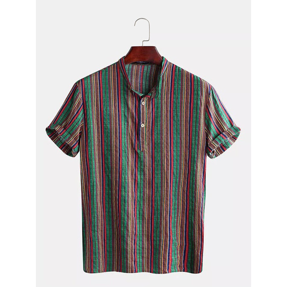 Mens Striped Vintage Ethnic Style Short Sleeve Short Shirts Tops - S Blue