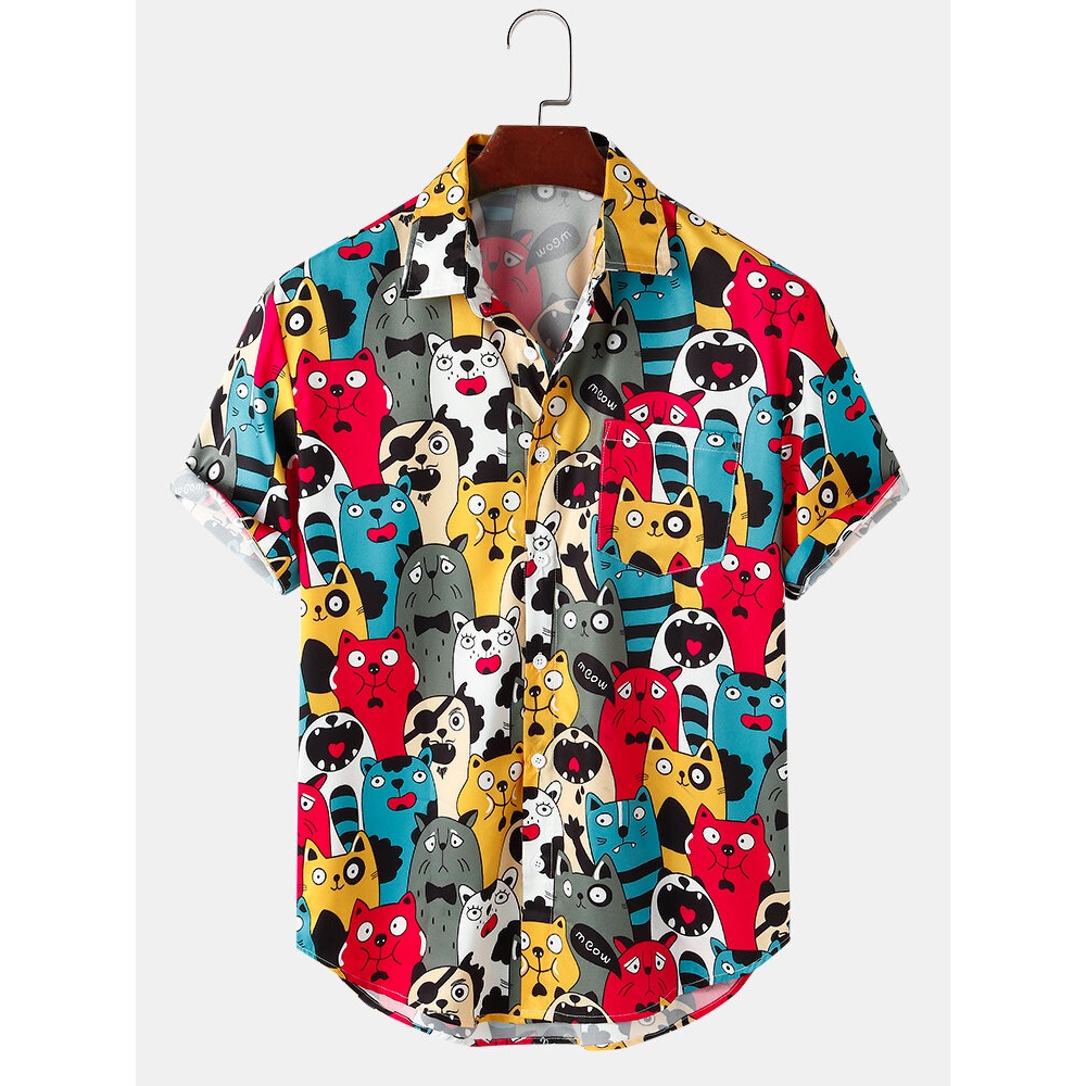 Cartoon Cat Print Turn Down Collar Short Sleeve Shirts - Red S