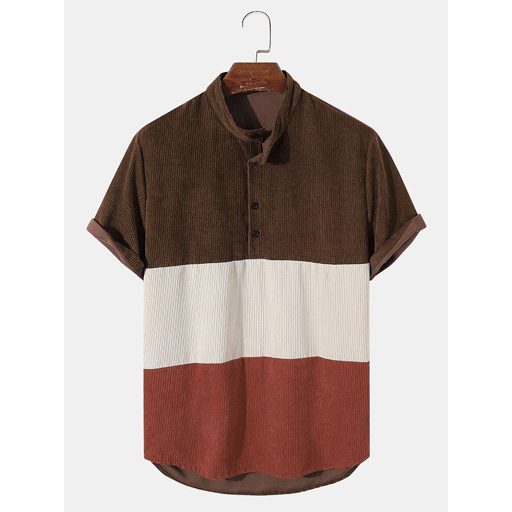 Mens Patchwork Corduroy Button Pocket Casual Shirts - Blue S