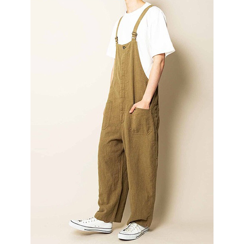 Men 100% Cotton Multi Pockets Straight Wide Leg Loose Fit Overalls Pants - Yellow S