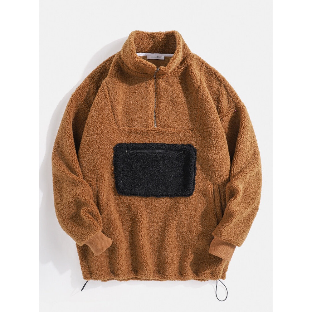 Mens Plush Contrasting Patchwork Stand Collar Zipper Half Pullover Sweatshirts - Brown S