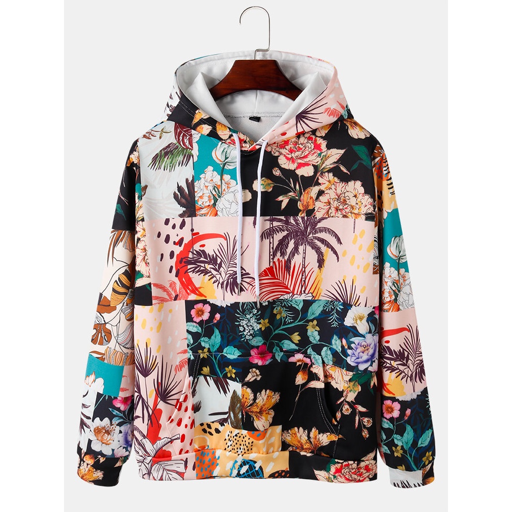 Mens Floral Print Colorblock Long Sleeve Hoodies With Pocket - White M