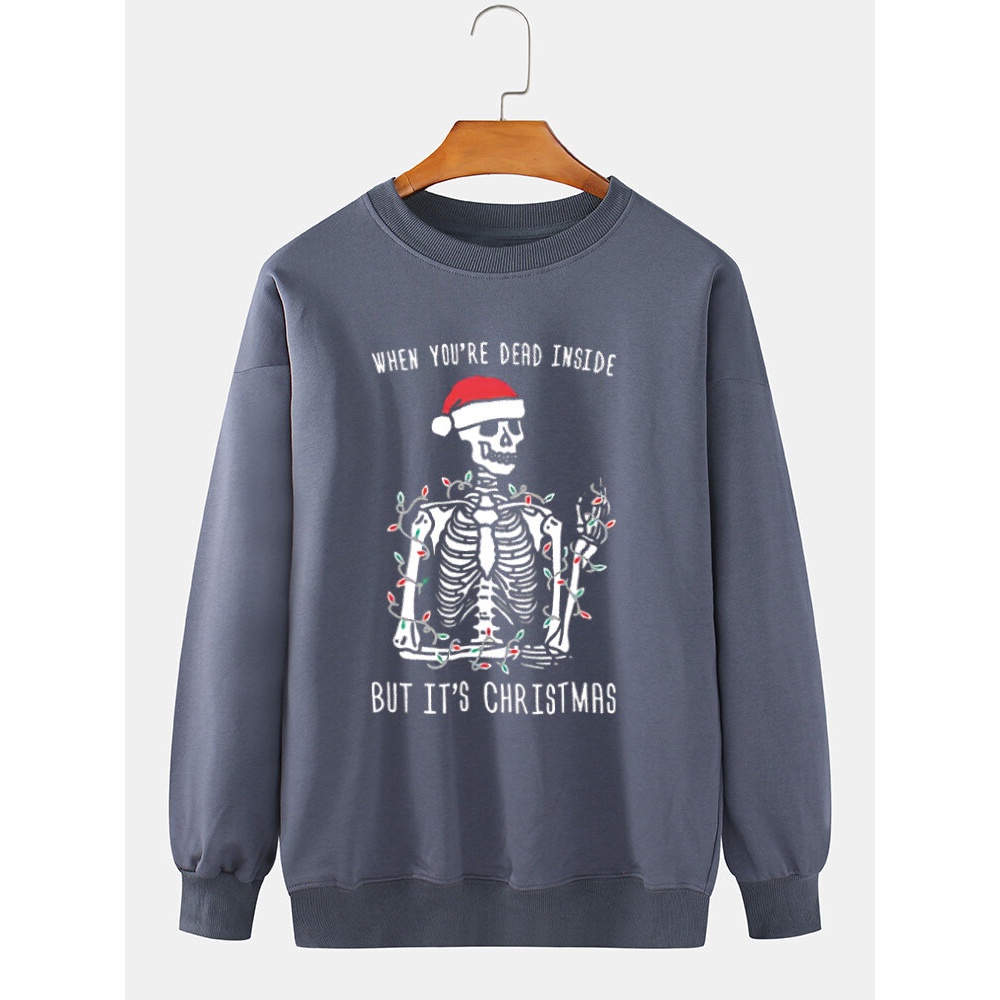Mens  Skeleton Slogan Print 100% Cotton Casual Loose Sweatshirt - Black M
