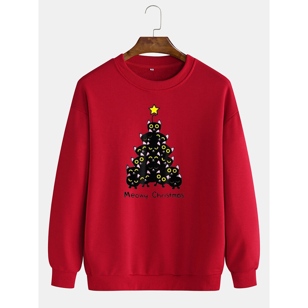 Mens Cat  Tree Print Crew Neck Pullover Drop Shoulder Sweatshirts - Grey M