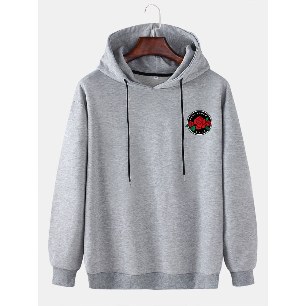 Mens Rose Chest Print Drop Shoulder Long Sleeve Simple Hoodies - White L