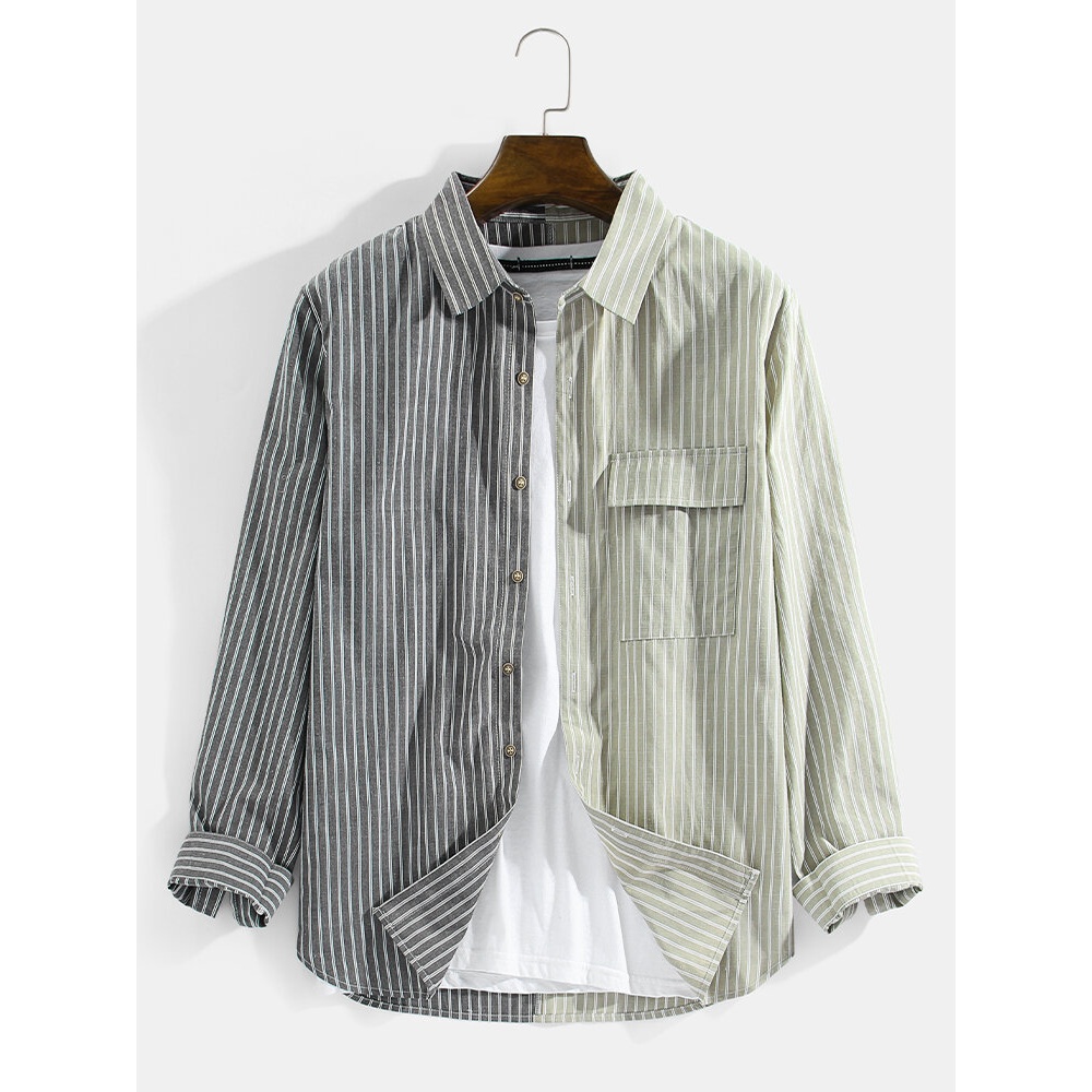 Mens Striped Patchwork Cotton Casual Long Sleeve Shirts With Flap Pocket - Black S