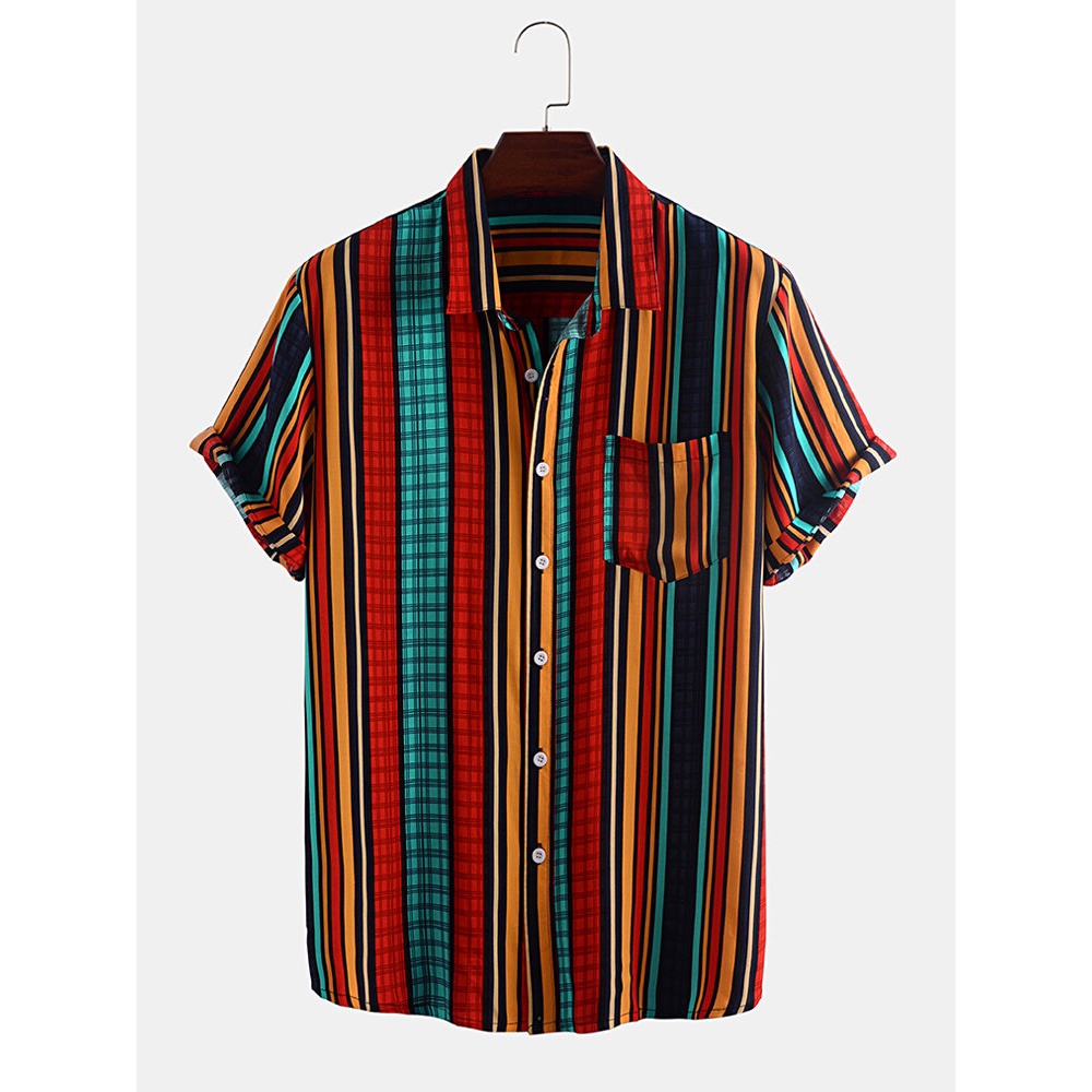 Mens Multi Color Striped Short Sleeve Design Shirts With Pocket - Red 2XL