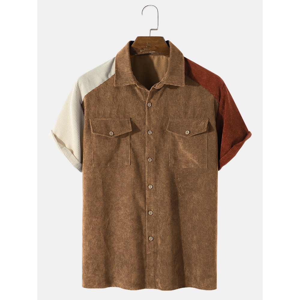 Mens Corduroy Double Pockets Patchwork Casual Shirts - Dark Blue 2XL