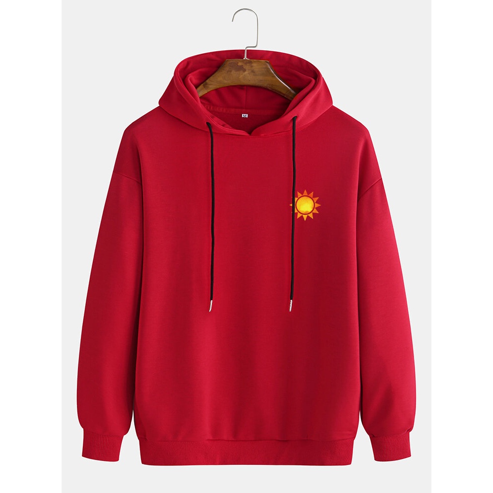 Cotton Mens Casual Sun Printed Dropped Shoulder Drawstring Long Sleeve Hoodies - Red S