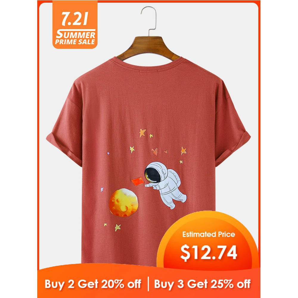 Cotton Breathable Cartoon Cute Astronaut Back Pattern Short Sleeve Loose T-Shirts - Red M