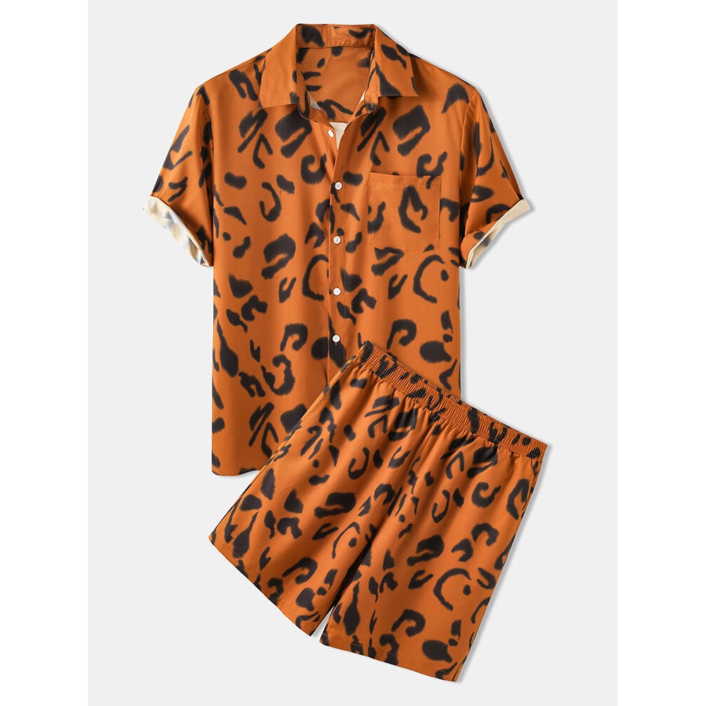 Mens Animal Pattern Short Sleeve Elastic Waist Pocket Loose Two Piece Outfits - Brown S