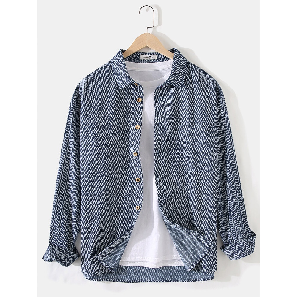 Mens Cotton Chevron Print Pocket Imitation Denim Long Sleeve Shirts - Blue S