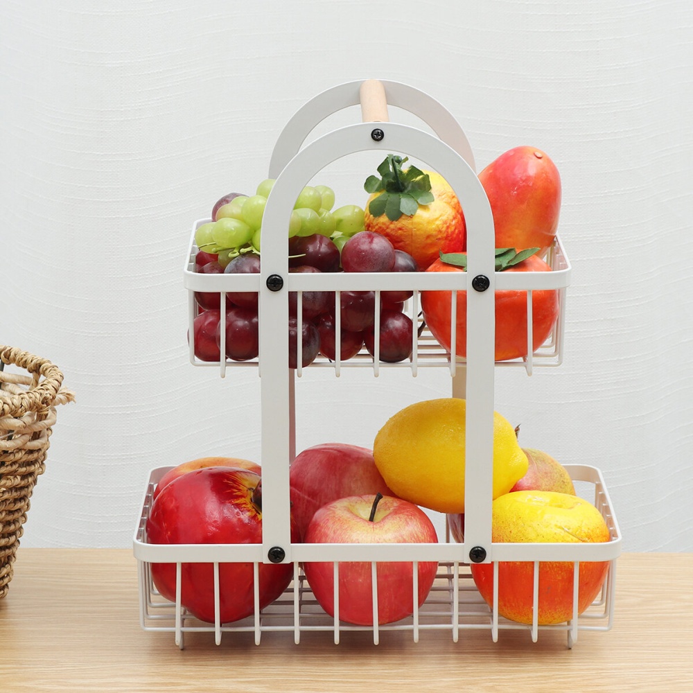 Multi-purpose 2-layer Iron Fruit Rack Portable Handheld Fruit Basket Detachable Sturdy Fruit Stand - Black - Image 2