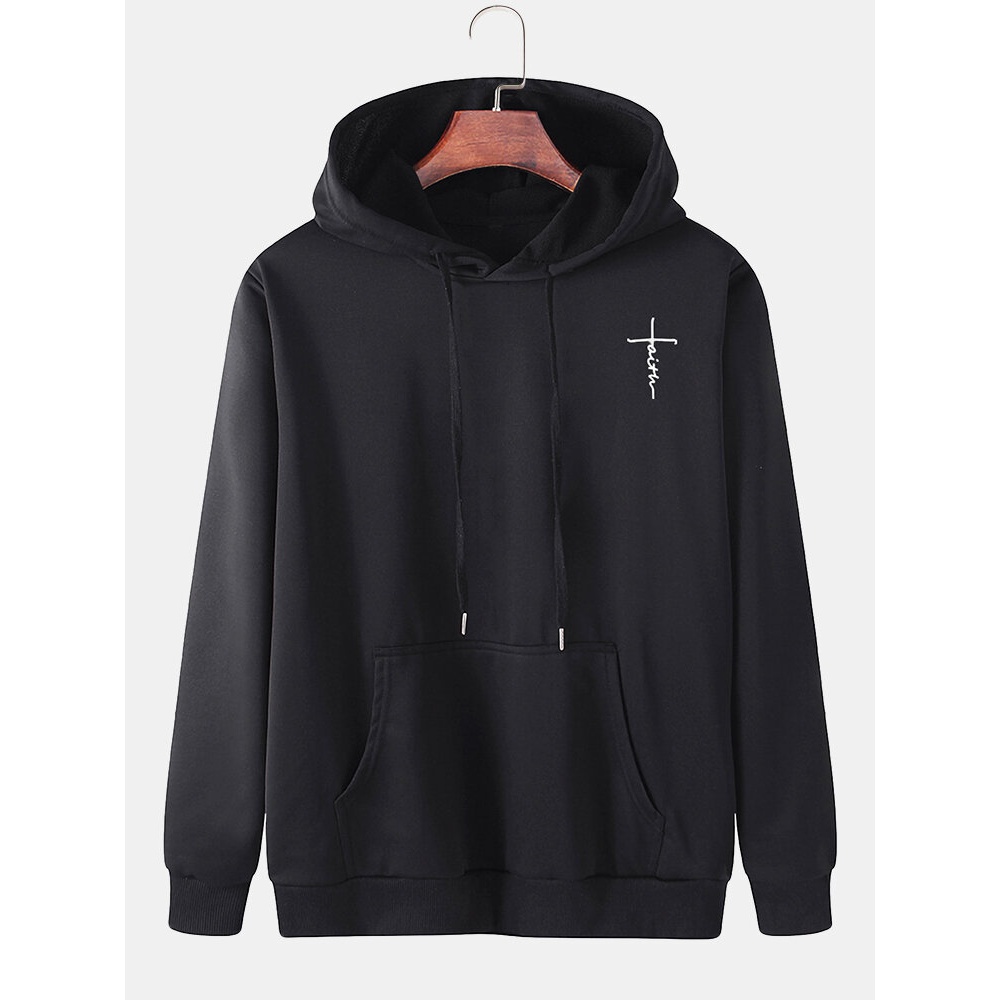 Mens Cotton Chest Print Long Sleeve Black Kangaroo Pocket Drawstring Hoodies - Black S