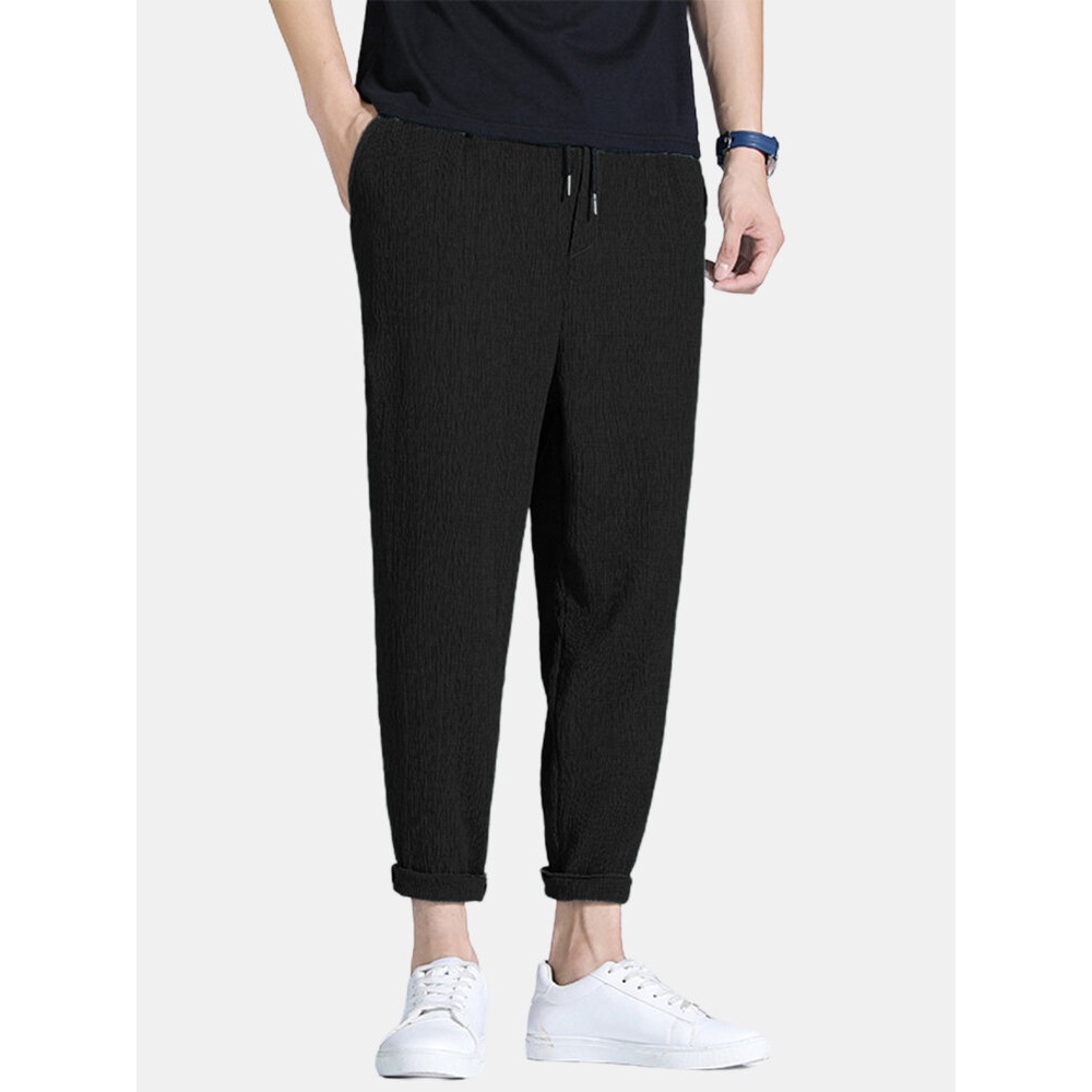 Cotton Mens Solid Drawstring Pocket Texture Casual Pants - Dark Grey XL