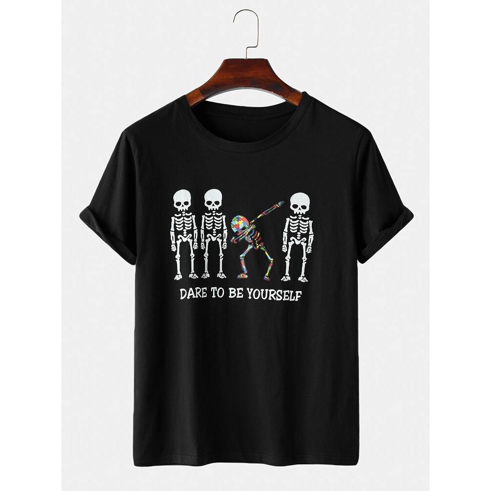 Mens Design Slogan Print Skeleton Pattern Short Sleeve T-Shirts - Black M