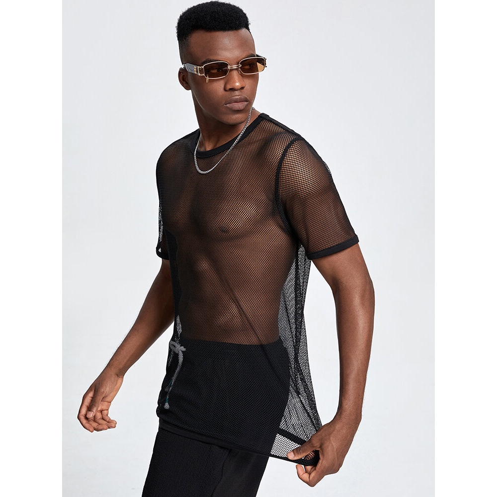Mens Breathable Quick Drying Rounk Neck Transparent Shirts - Black S
