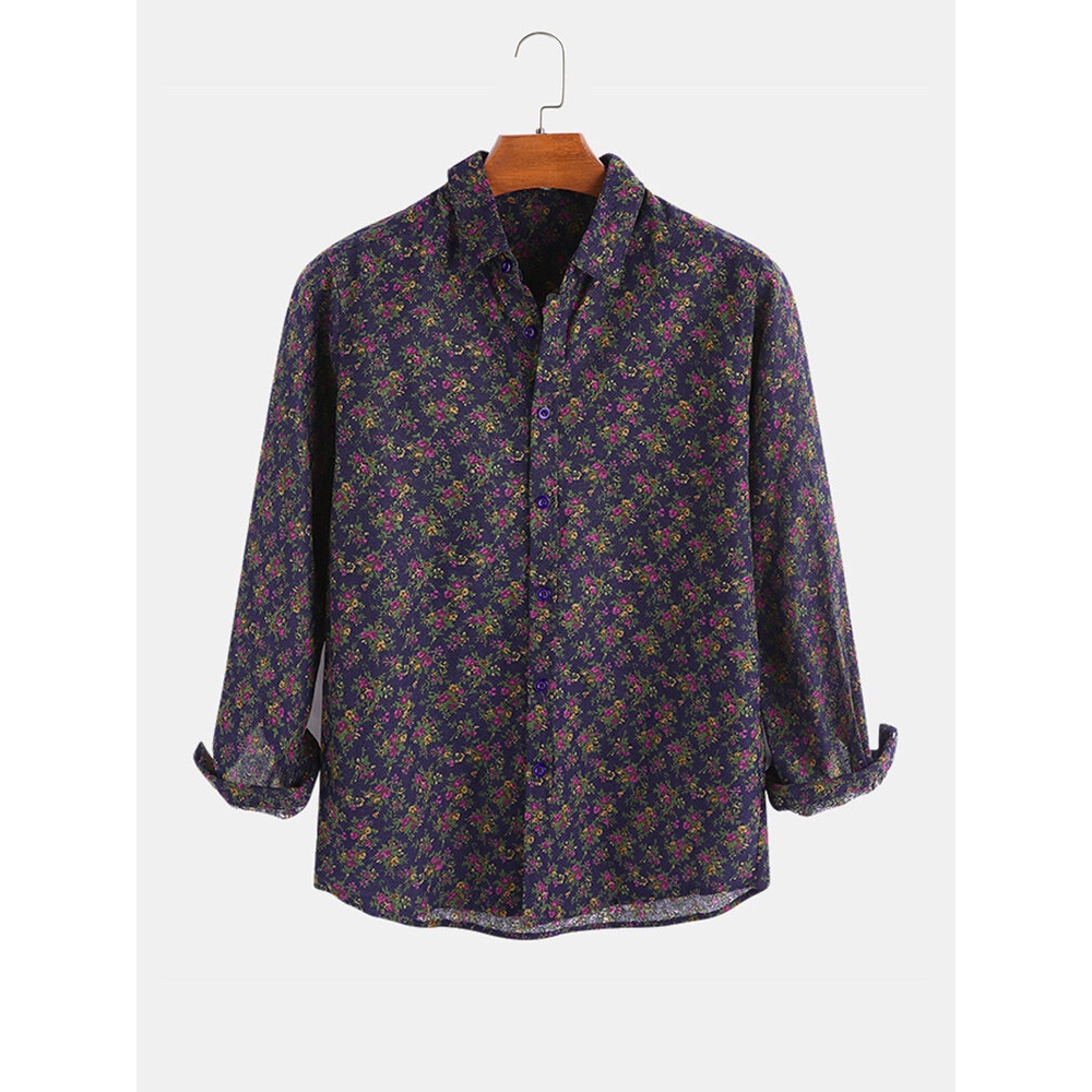 Men's Long Sleeve Vintage Shirts Causal Slim Fit Tops Collar Floral shirt Tee Tops - S Navy