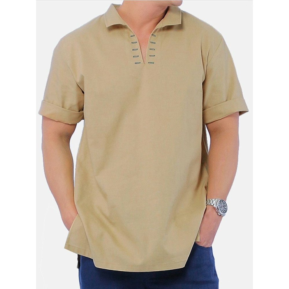 Men Cotton Solid Color Embroidery Collar Casual T-Shirts - XL Yellow