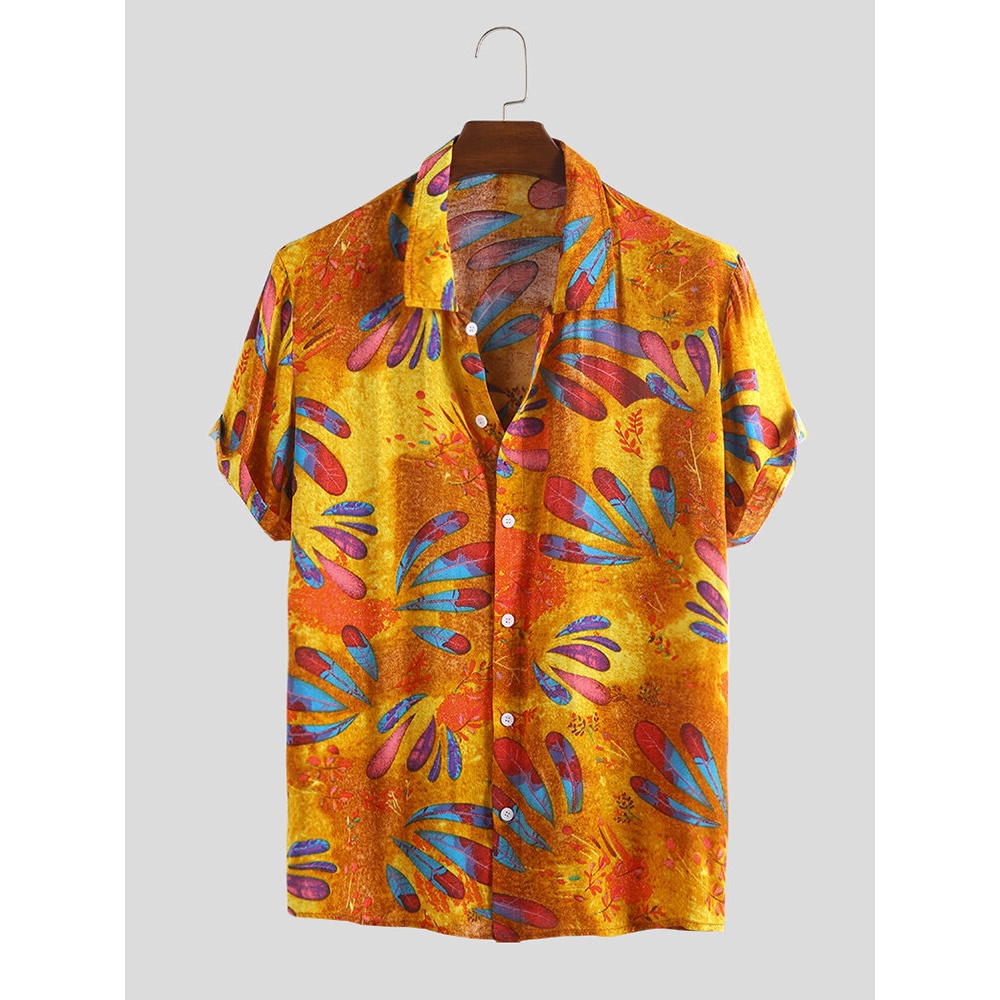 Mens Ethnic Printed Summer Turn Down Collar Loose Shirts - M Red