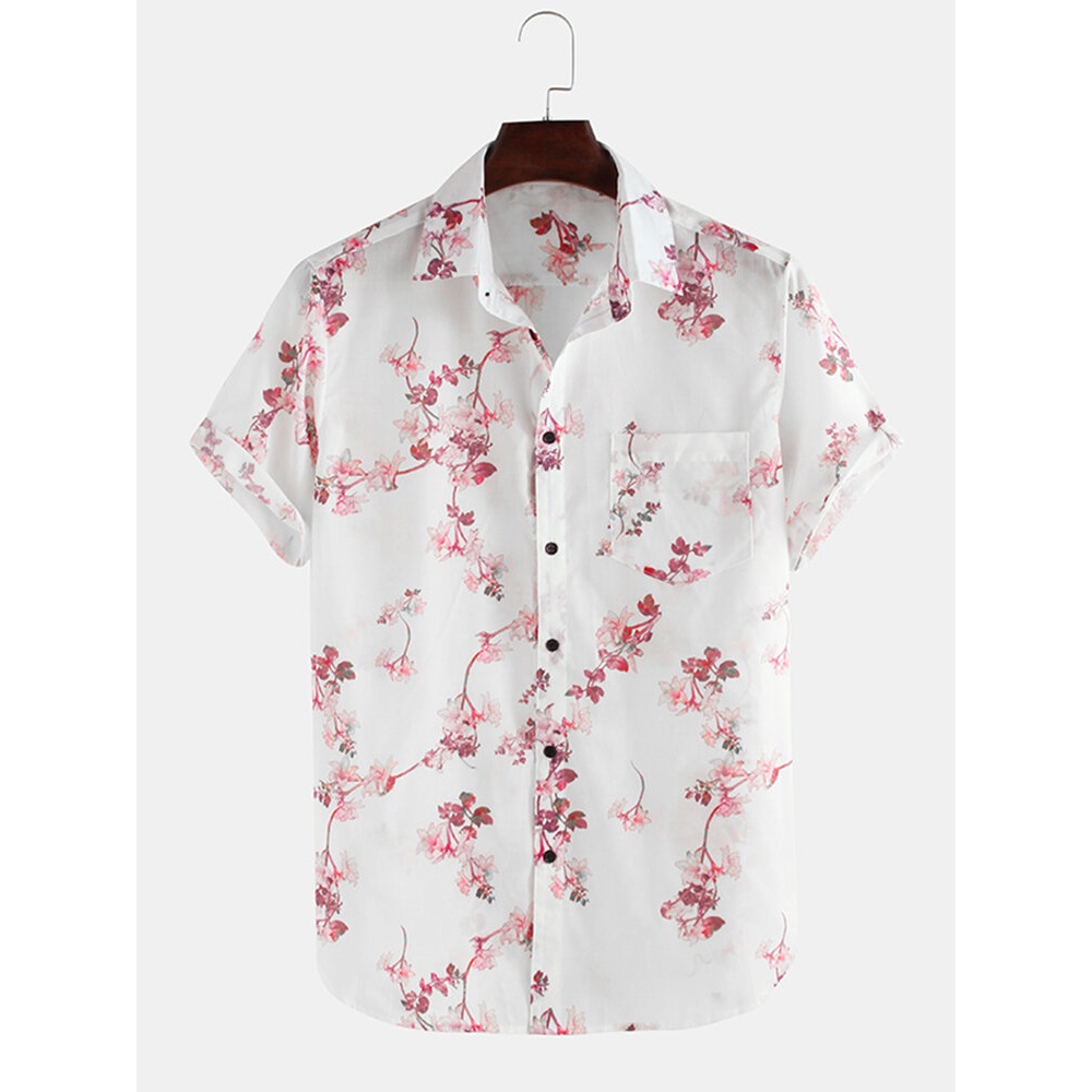 Mens Cherry Blossoms Floral Print Short Sleeve Casual Vacation Shirts - M Black