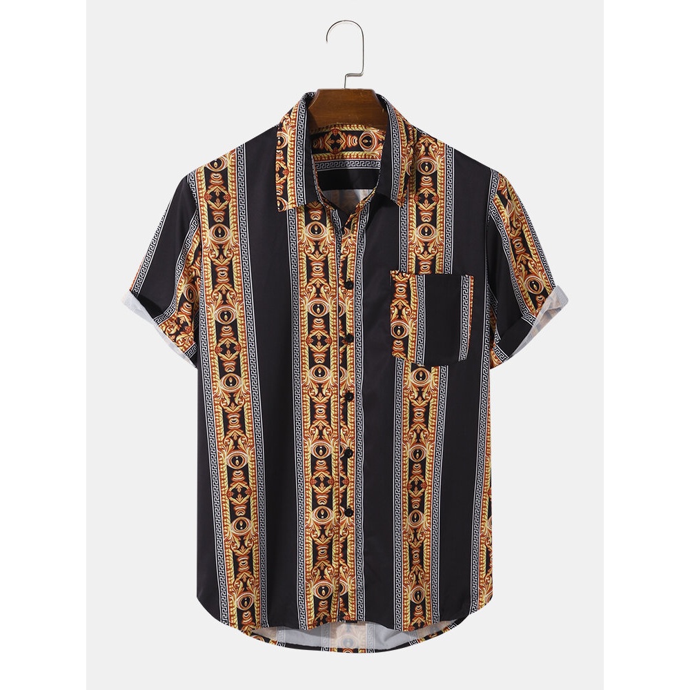 Mens Casual Baroque Striped Print Lapel Shirts - Black S