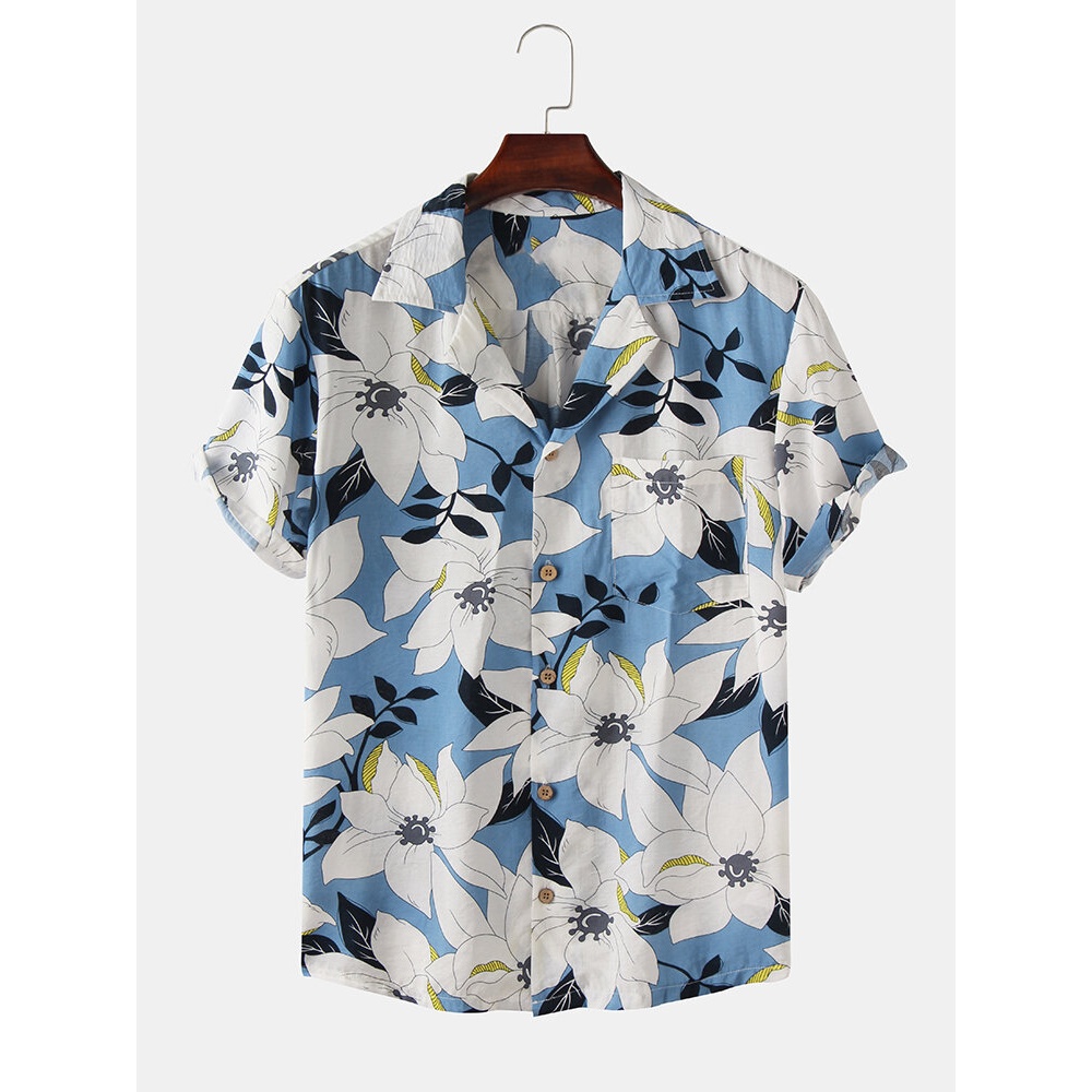 Men Clematis Chinensis Floral Print Chest Pocket Short Sleeve Turn Down Collar Hawaii Style Shirts - Blue L