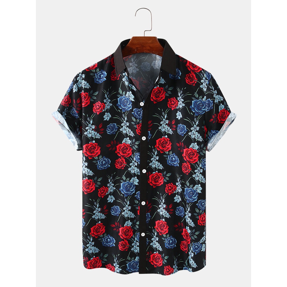 Holiday Casual Mens Rose Floral Print Lapel Collar Short Sleeve Shirts - White L