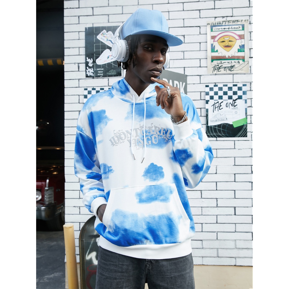 Men Tie Dye Letter Print Pocket Hoodie - Blue S