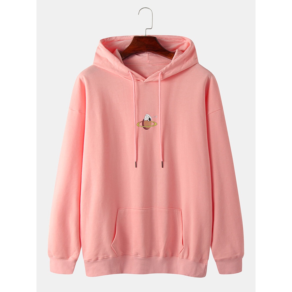 Mens Astronaut Planet Print Drop Shoulder Cotton Drawstring Hoodies - Pink M