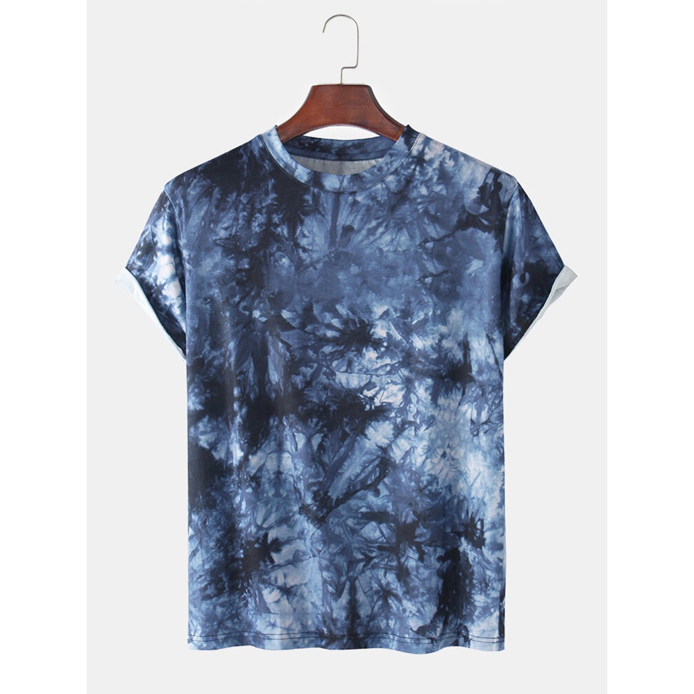 Mens Tie Dye Print Casual Breathable Loose Round Neck T-Shirts - Blue XS