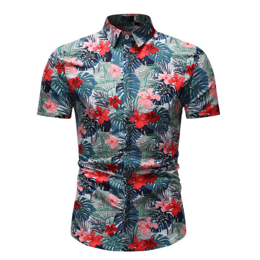 Men's Fashion Casual Short-sleeved Flower Shirt - 2XL Photo Color