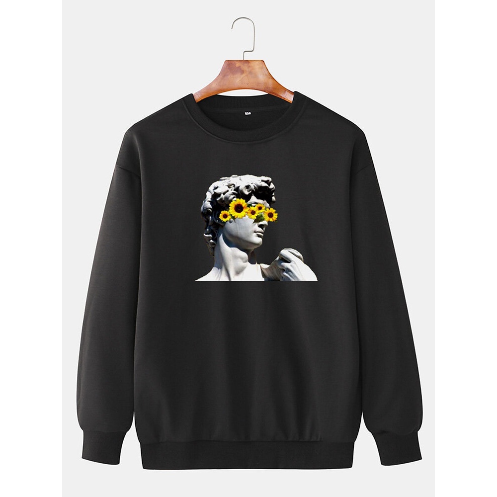 Mens Cotton Funny Figure Statue Print Long Sleeve Drop Shoulder Sweatshirts - Black M