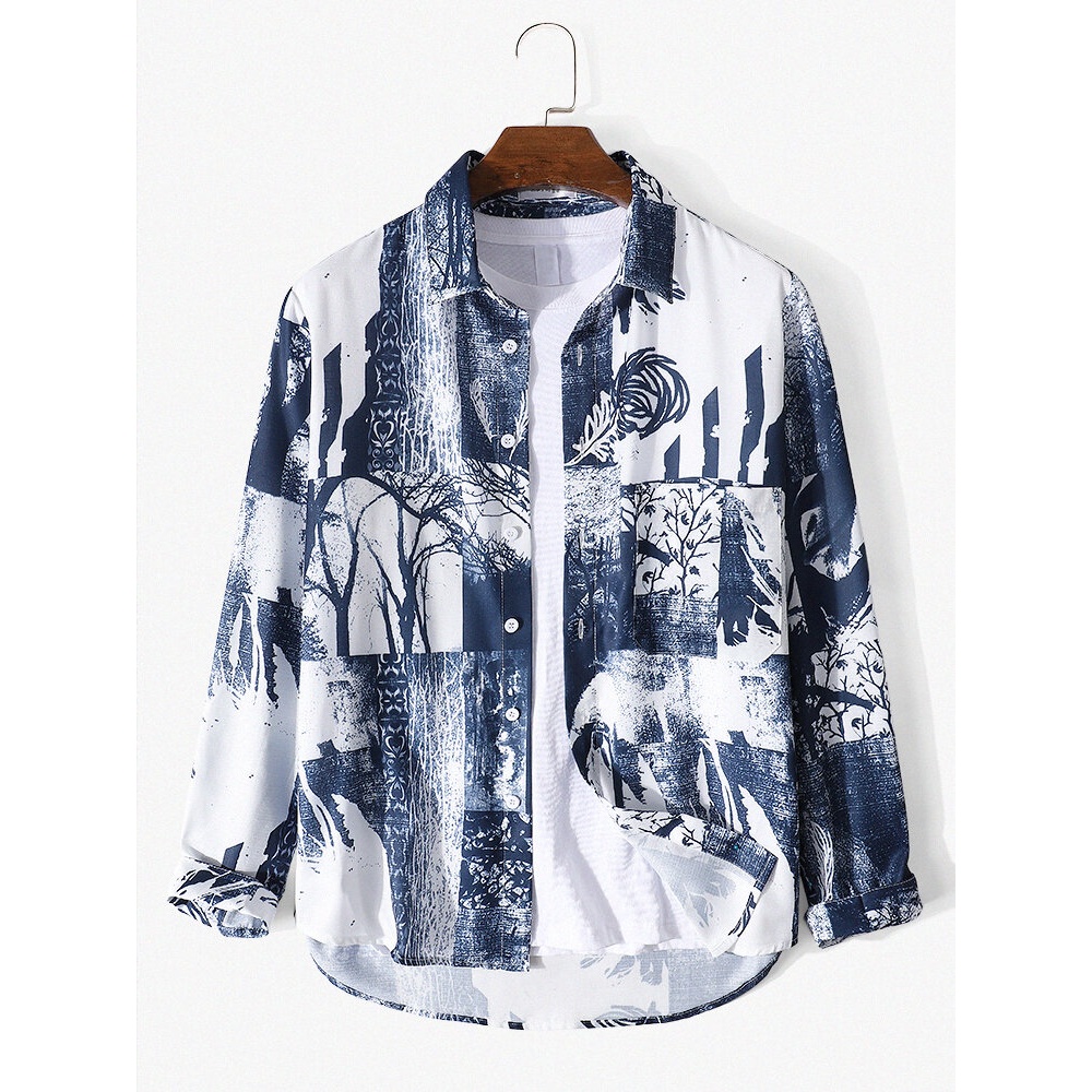 Mens Abstract Mixed Painting Print Lapel Long Sleeve Shirt - Navy M