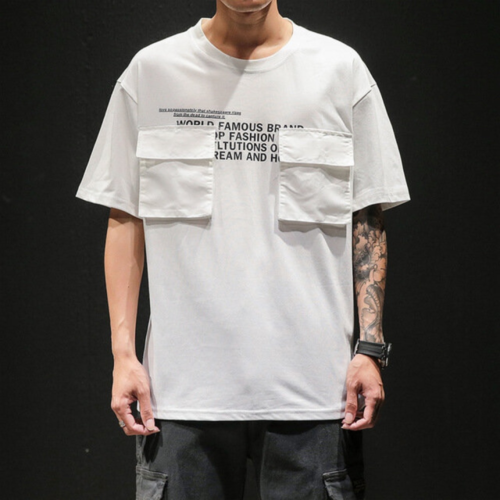 Europe And The United States Loose Tooling T-shirt Men's Japanese Hip-hop Couple Multi-pocket Youth Short-sleeved Half-sleeved Clothes - S white