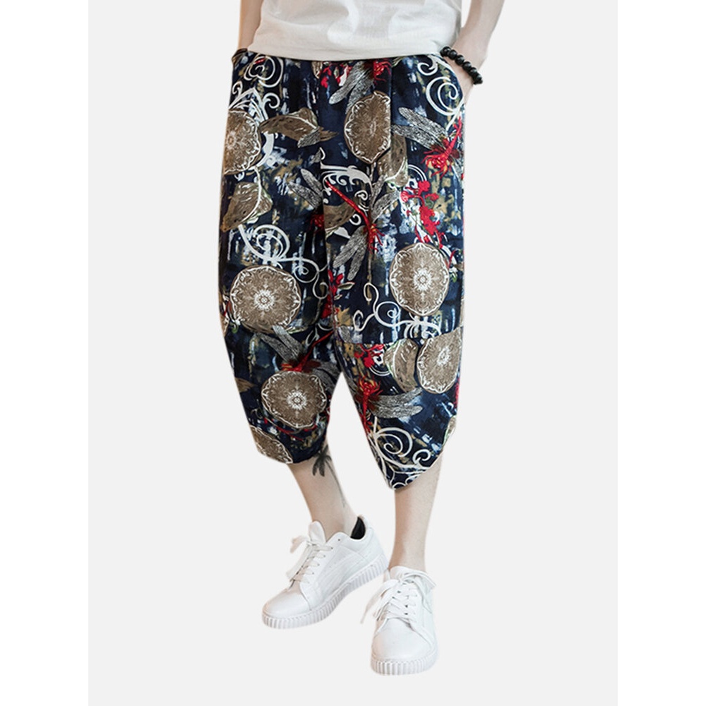 Mens Summer Chinese Style Linen Printing Calf Pants - XL #02