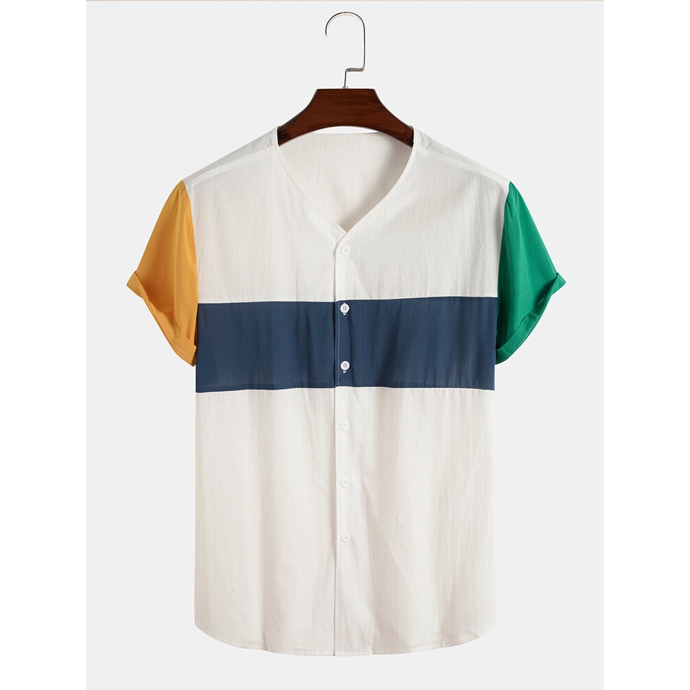 Mens V Neck Cotton Color Block Casual Shirts - White S