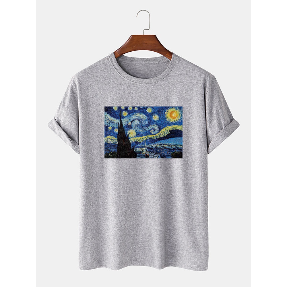 Mens Van Gogh Starry Sky Oil Painting 100% Cotton Short Sleeve Designer T-Shirts - Grey L