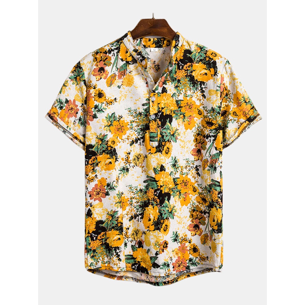 Mens Summer Floral Printed Turn Down Collar Casual Shirts - Yellow XL