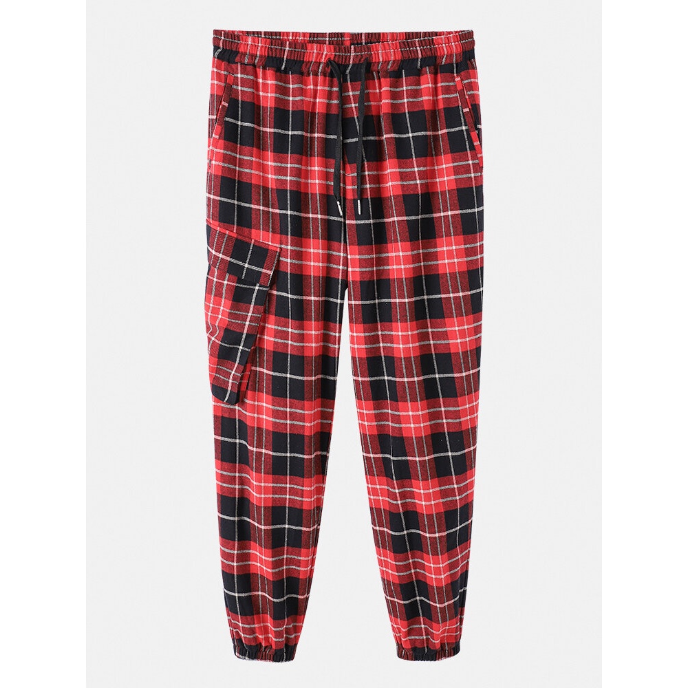 Mens Vintage Plaid Multi Pocket Cotton Jogger Pants - Red S