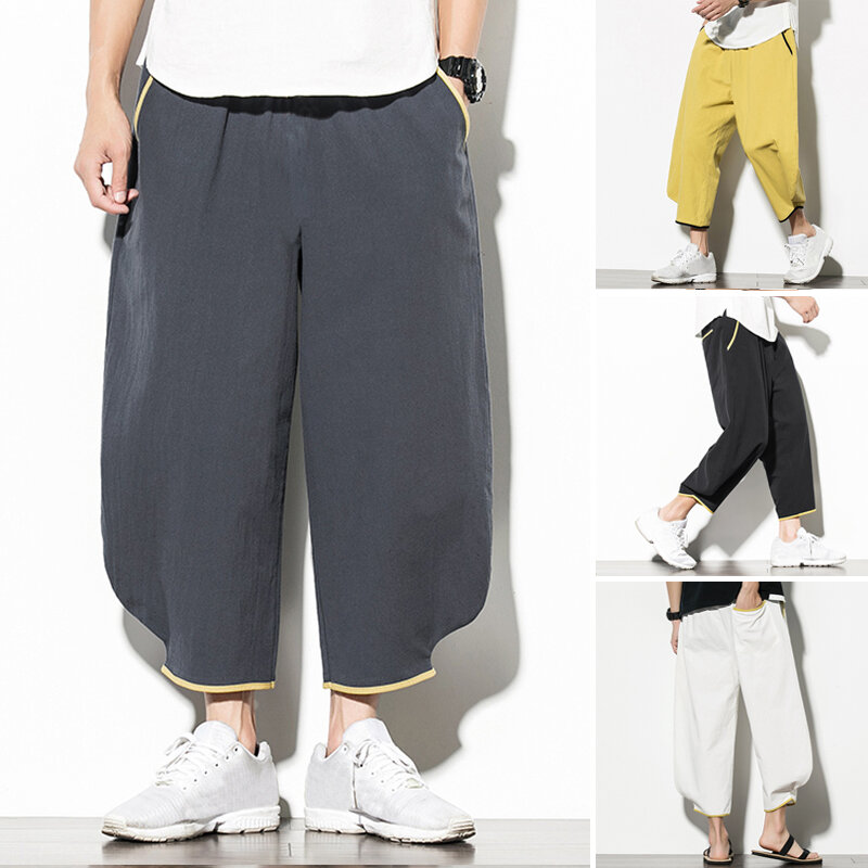 Mens Japanese Style Linen Trousers Loose Causal Beach Yoga Hippie Long Pants New - Black S - Image 2