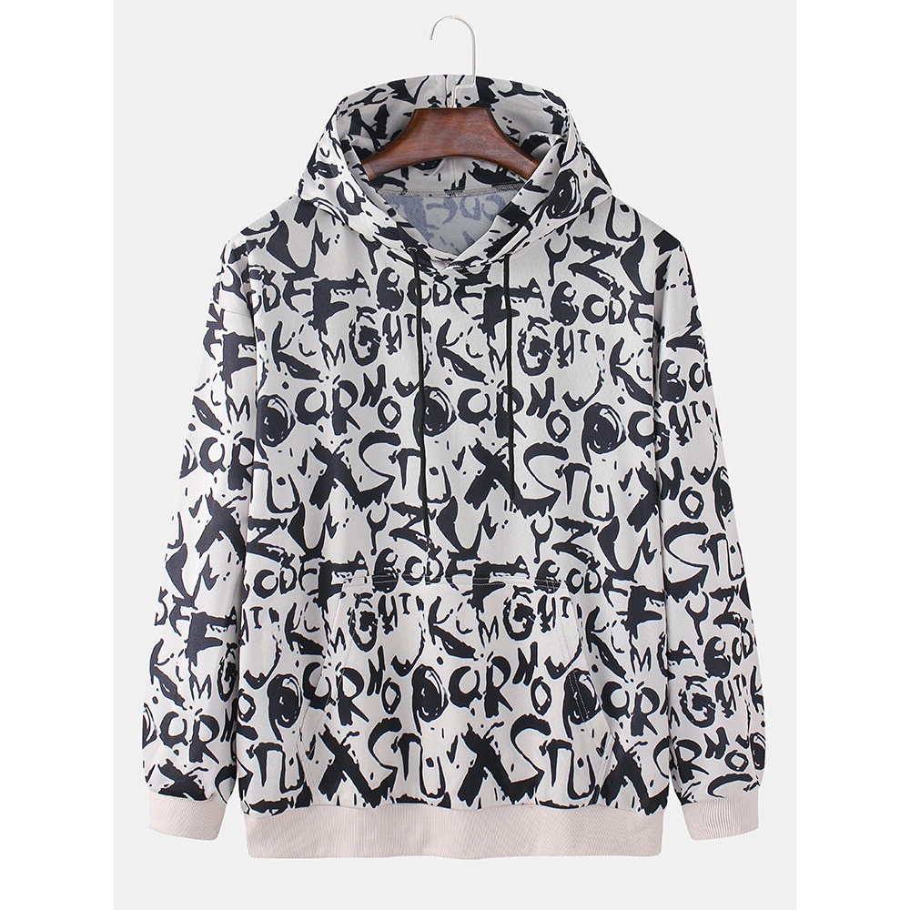 Mens Graffiti Letter Print Kangaroo Pocket Long Sleeve Drawstring Hoodies - Apricot S