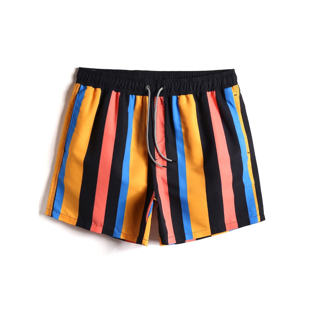 Mens Quick Drying Colorful Wide Stripe Drawstring Beach Shorts - Black S